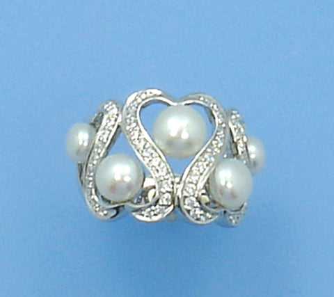 Sterling Silver Ring with 5-7.5mm Button Shape Freshwater Pearl and Cubic Zirconia