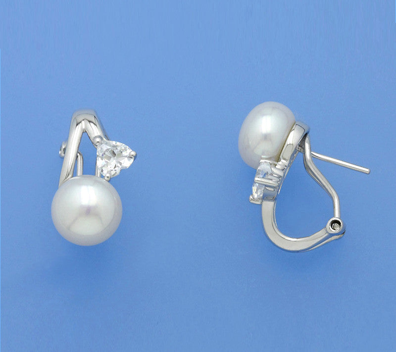 Sterling Silver Earrings with 9-9.5mm Button Shape Freshwater Pearl and Cubic Zirconia - Wing Wo Hing Jewelry Group - Pearl Jewelry Manufacturer