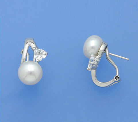 Sterling Silver Earrings with 9-9.5mm Button Shape Freshwater Pearl and Cubic Zirconia