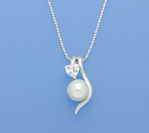 Sterling Silver Pendant with 9-9.5mm Button Shape Freshwater Pearl and Cubic Zirconia