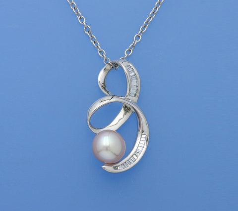 Sterling Silver Pendant with 8-8.5mm Button Shape Freshwater Pearl and Cubic Zirconia
