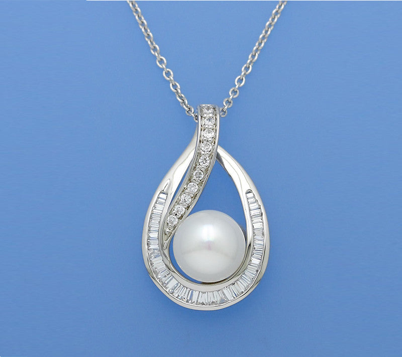 Sterling SIlver Pendant with 10-10.5mm Button Shape Freshwater Pearl and Cubic Zirconia - Wing Wo Hing Jewelry Group - Pearl Jewelry Manufacturer