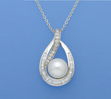 Sterling SIlver Pendant with 10-10.5mm Button Shape Freshwater Pearl and Cubic Zirconia - Wing Wo Hing Jewelry Group - Pearl Jewelry Manufacturer