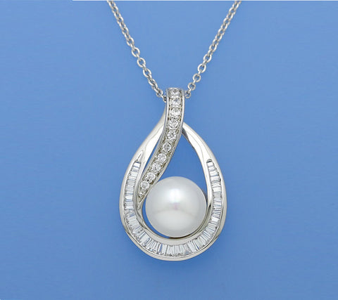 Sterling SIlver Pendant with 10-10.5mm Button Shape Freshwater Pearl and Cubic Zirconia