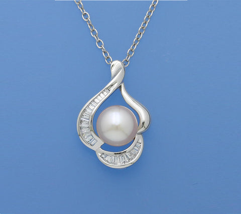 Sterling Silver Pendant with 9-9.5mm Button Shape Freshwater Pearl and Cubic Zirconia