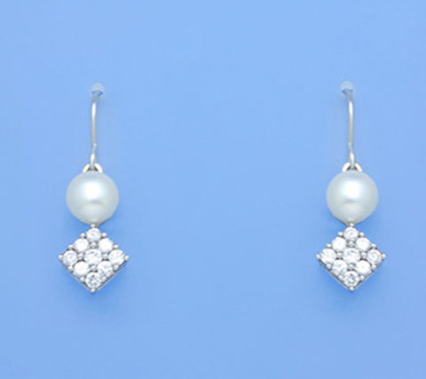 Sterling Silver Earrings with 7.5-8mm Button Shape Freshwater Pearl and Cubic Zirconia