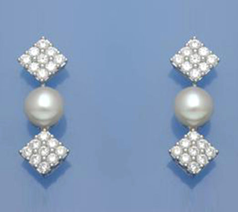 Sterling Silver Earrings with 7.5-8mm Button Shape Freshwater Pearl and Cubic Zirconia