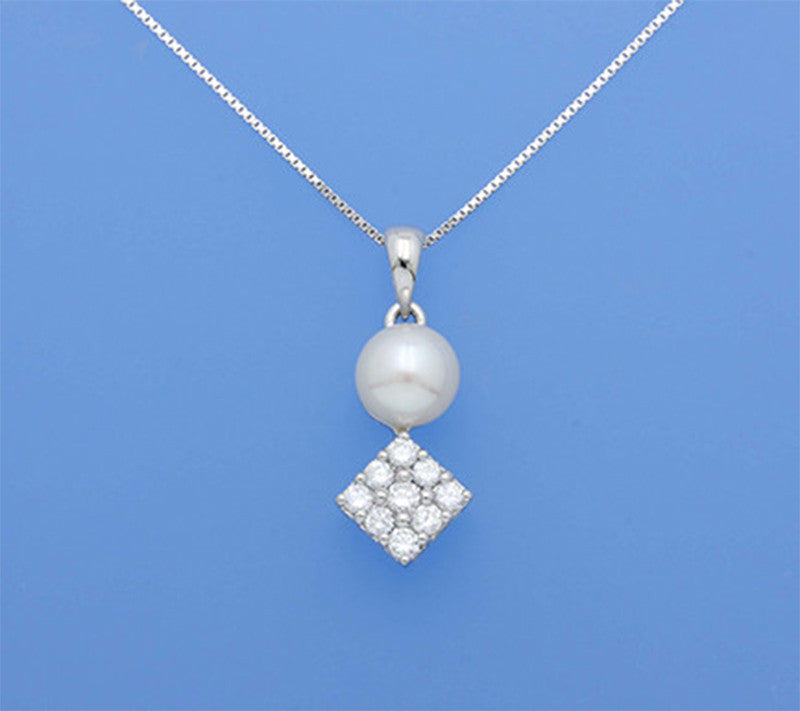 Sterling Silver Pendant with 7.5-8mm Button Shape Freshwater Pearl and Cubic Zirconia - Wing Wo Hing Jewelry Group - Pearl Jewelry Manufacturer