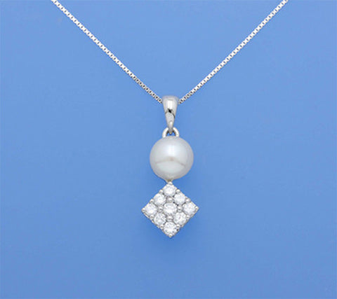 Sterling Silver Pendant with 7.5-8mm Button Shape Freshwater Pearl and Cubic Zirconia