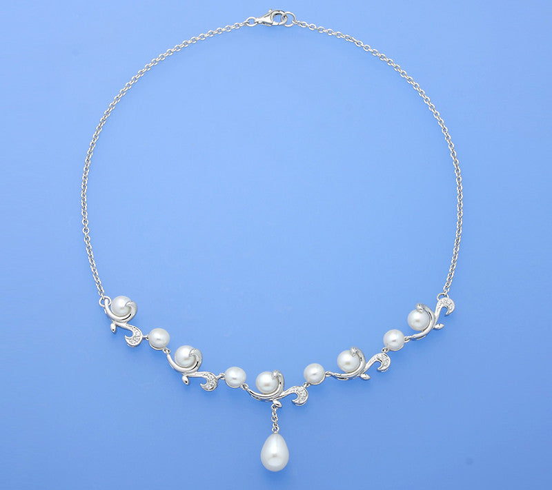 Sterling Silver Necklace with Button and Drop Shape Freshwater Pearl and Cubic Zirconia - Wing Wo Hing Jewelry Group - Pearl Jewelry Manufacturer