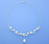 Sterling Silver Necklace with Button and Drop Shape Freshwater Pearl and Cubic Zirconia - Wing Wo Hing Jewelry Group - Pearl Jewelry Manufacturer