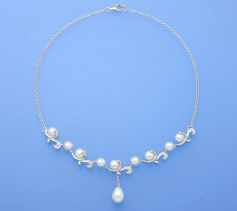 Sterling Silver Necklace with Button and Drop Shape Freshwater Pearl and Cubic Zirconia