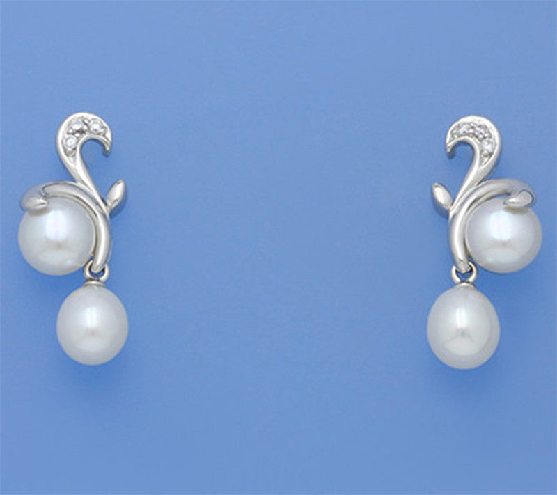 Sterling Silver Earrings with 6.5-7.5mm Freshwater Pearl and Cubic Zirconia - Wing Wo Hing Jewelry Group - Pearl Jewelry Manufacturer