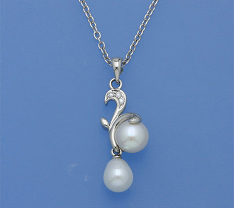 Sterling Silver Pendant with Drop and Button Shape Freshwater Pearl and Cubic Zirconia - Wing Wo Hing Jewelry Group - Pearl Jewelry Manufacturer