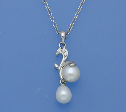 Sterling Silver Pendant with Drop and Button Shape Freshwater Pearl and Cubic Zirconia
