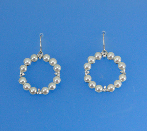 Sterling Silver Earrings with 4.5-5mm Button Shape Freshwater Pearl and Cubic Zirconia