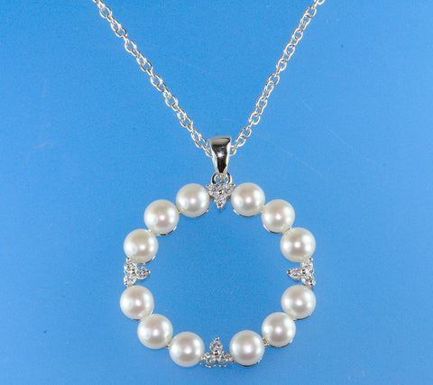 Sterling Silver Pendant with 5-5.5mm Button Shape Freshwater Pearl and Cubic Zirconia