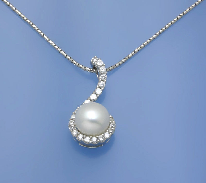 Sterling Silver Pendant with 9.5-10mm Button Shape Freshwater Pearl and Cubic Zirconia - Wing Wo Hing Jewelry Group - Pearl Jewelry Manufacturer