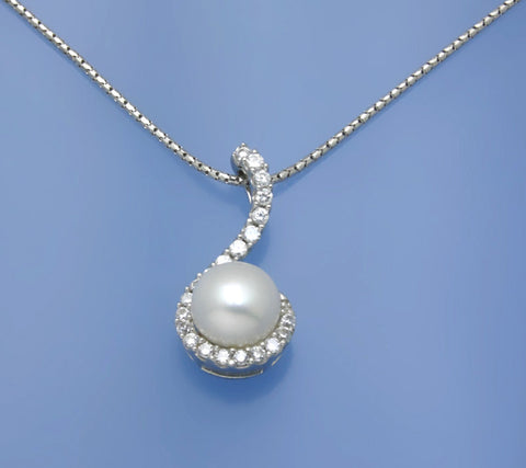 Sterling Silver Pendant with 9.5-10mm Button Shape Freshwater Pearl and Cubic Zirconia