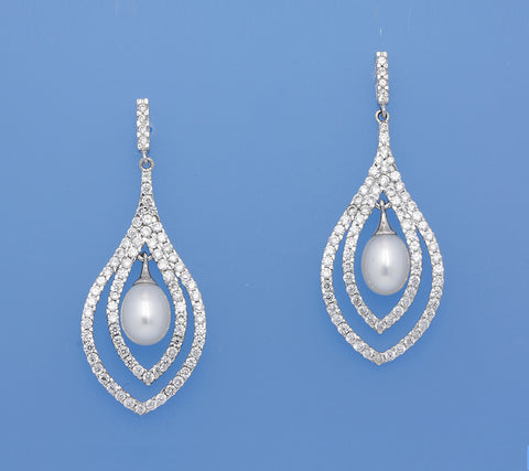 Sterling Silver Earrings with 7.5-8mm Drop Shape Freshwater Pearl and Cubic Zirconia