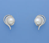 Sterling Silver Earrings with 9.5-10mm Button Shape Freshwater Pearl and Cubic Zirconia - Wing Wo Hing Jewelry Group - Pearl Jewelry Manufacturer