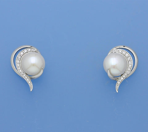 Sterling Silver Earrings with 9.5-10mm Button Shape Freshwater Pearl and Cubic Zirconia