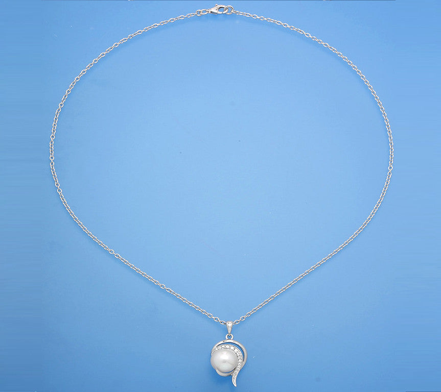 Sterling Silver Pendant with 9.5-10mm Button Shape Freshwater Pearl and Cubic Zirconia - Wing Wo Hing Jewelry Group - Pearl Jewelry Manufacturer