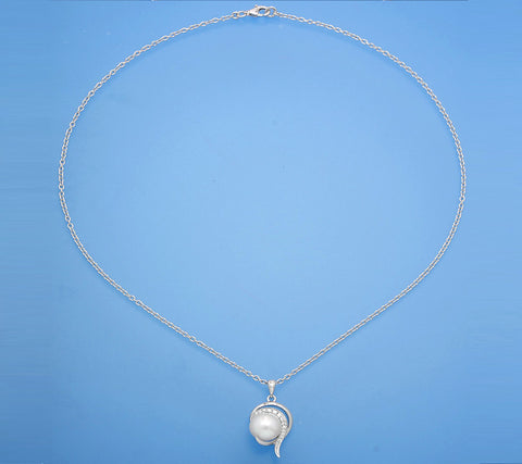 Sterling Silver Pendant with 9.5-10mm Button Shape Freshwater Pearl and Cubic Zirconia