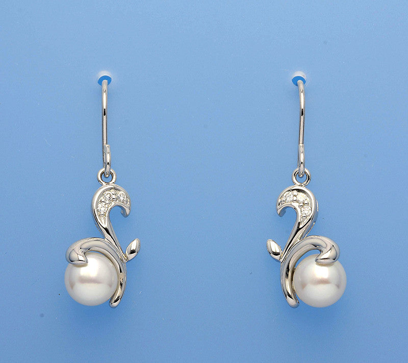 Sterling Silver Earrings with 7-7.5mm Button Shape Freshwater Pearl and Cubic Zirconia - Wing Wo Hing Jewelry Group - Pearl Jewelry Manufacturer