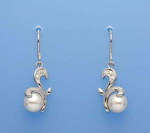 Sterling Silver Earrings with 7-7.5mm Button Shape Freshwater Pearl and Cubic Zirconia