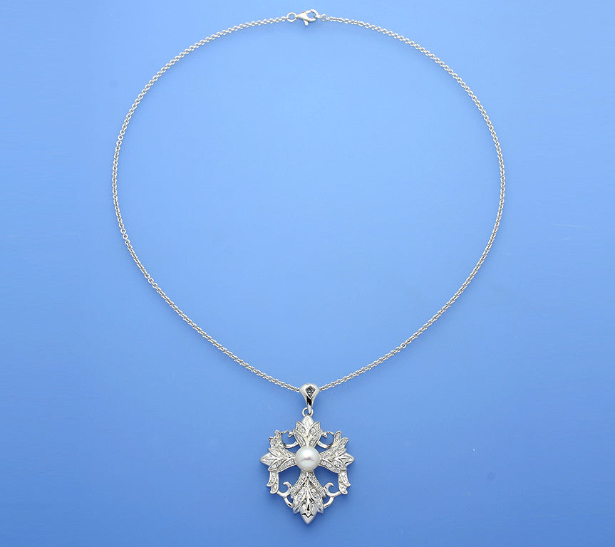 Sterling Silver Pendant with 7.5-8mm Button Shape Freshwater Pearl and Cubic Zirconia - Wing Wo Hing Jewelry Group - Pearl Jewelry Manufacturer
