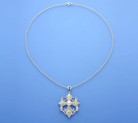 Sterling Silver Pendant with 7.5-8mm Button Shape Freshwater Pearl and Cubic Zirconia
