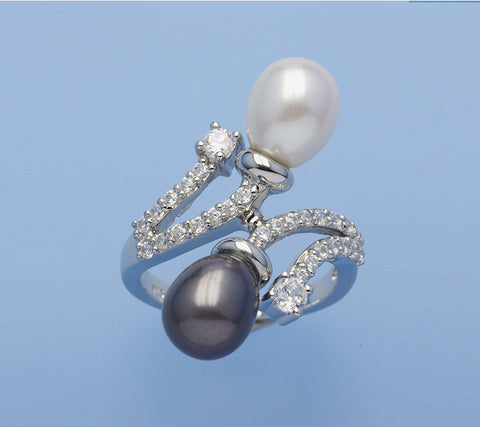 Sterling Silver Ring with 7.5-8mm Drop Shape Freshwater Pearl and Cubic Zirconia