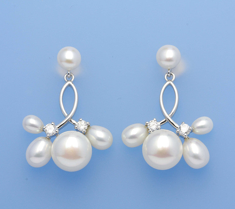 Sterling Silver Earrings with Button and Drop Shape Freshwater Pearl and Cubic Zirconia - Wing Wo Hing Jewelry Group - Pearl Jewelry Manufacturer