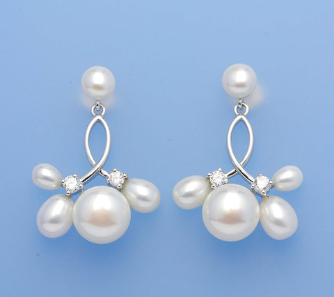 Sterling Silver Earrings with Button and Drop Shape Freshwater Pearl and Cubic Zirconia