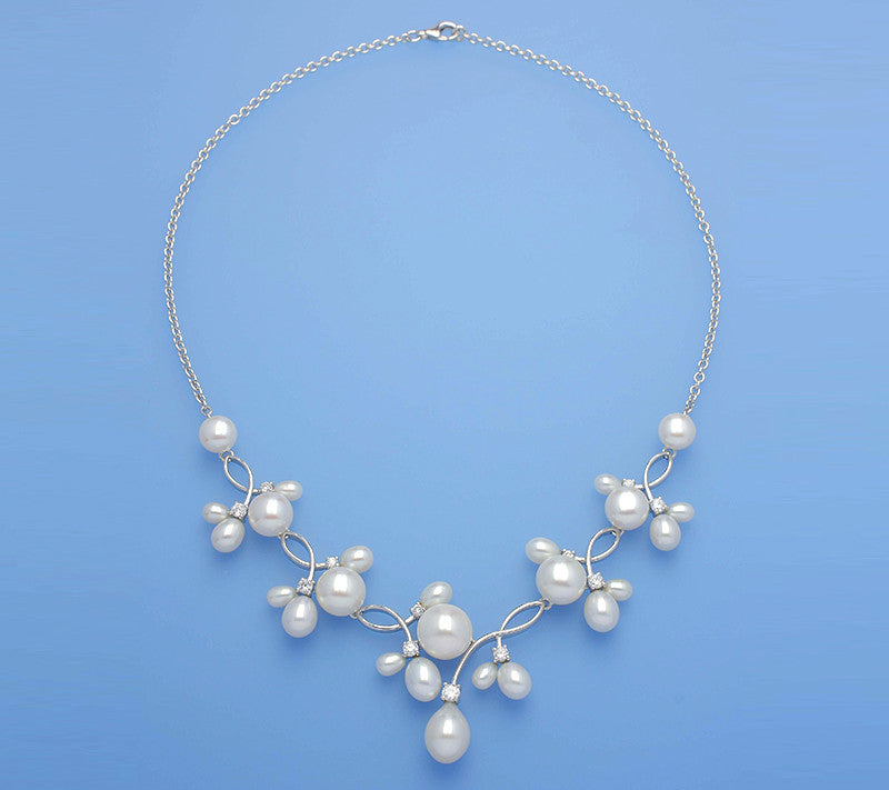 Sterling Silver Necklace with Button and Drop Shape Freshwater Pearl and Cubic Zirconia - Wing Wo Hing Jewelry Group - Pearl Jewelry Manufacturer