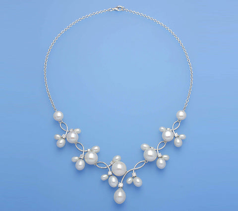 Sterling Silver Necklace with Button and Drop Shape Freshwater Pearl and Cubic Zirconia