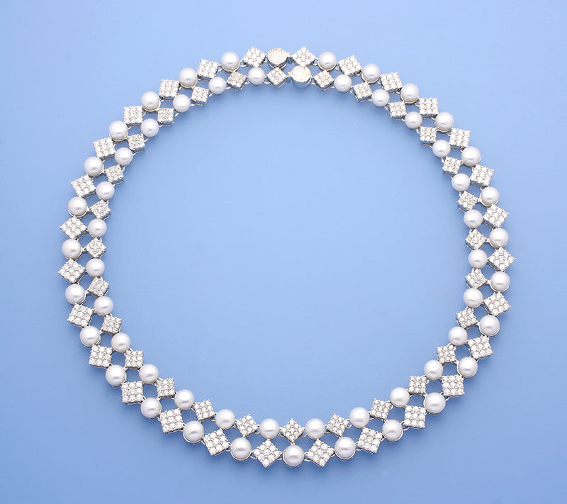 Sterling Silver Nceklace with 6-7mm Button Shape Freshwater Pearl and Cubic Zirconia - Wing Wo Hing Jewelry Group - Pearl Jewelry Manufacturer
