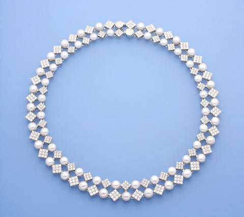 Sterling Silver Nceklace with 6-7mm Button Shape Freshwater Pearl and Cubic Zirconia