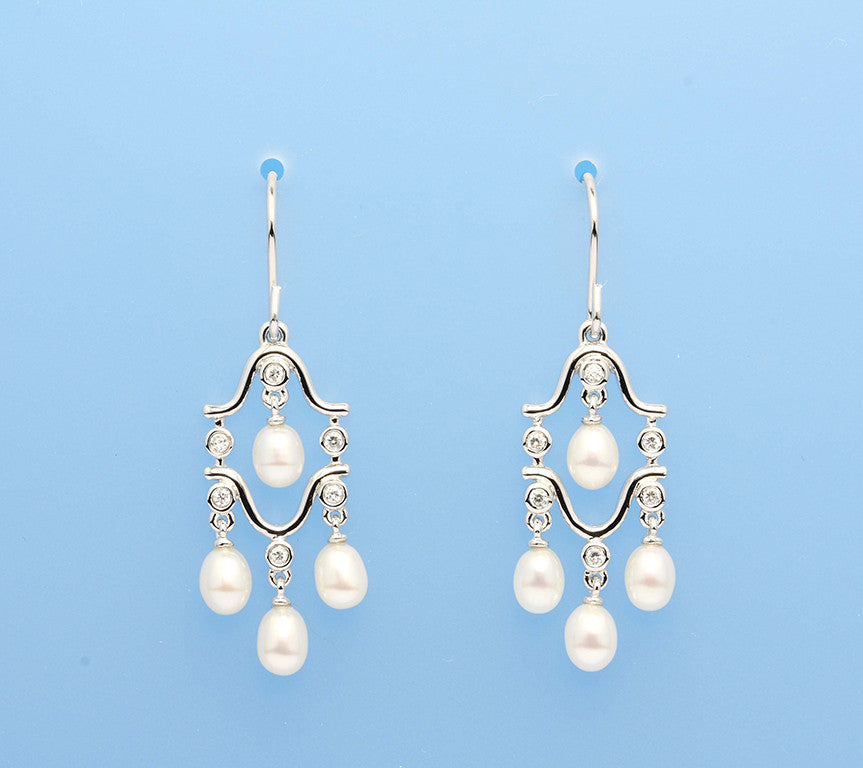 Sterling Silver Earrings with 4-4.5mm Drop Shape Freshwater Pearl and Cubic Zirconia - Wing Wo Hing Jewelry Group - Pearl Jewelry Manufacturer
