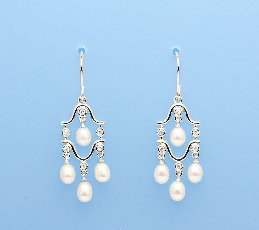 Sterling Silver Earrings with 4-4.5mm Drop Shape Freshwater Pearl and Cubic Zirconia - Wing Wo Hing Jewelry Group - Pearl Jewelry Manufacturer