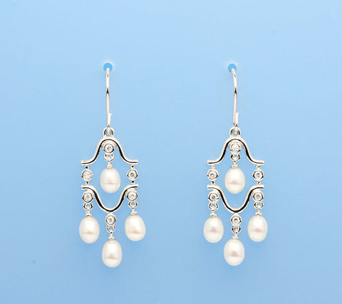 Sterling Silver Earrings with 4-4.5mm Drop Shape Freshwater Pearl and Cubic Zirconia