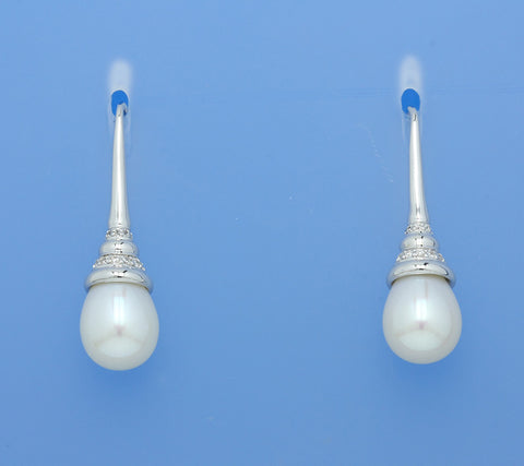 Sterling Silver Earrings with 10-10.5mm Drop Shape Freshwater Pearl and Cubic Zirconia