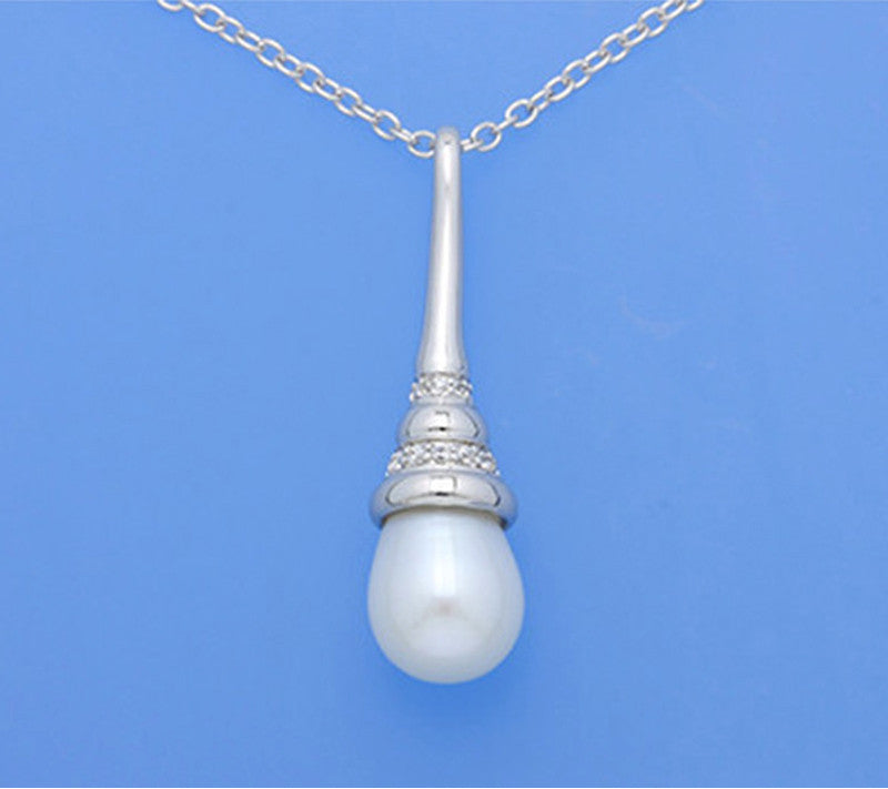 Sterling Silver Pendant with 10-10.5mm Drop Shape Freshwater Pearl and Cubic Zirconia - Wing Wo Hing Jewelry Group - Pearl Jewelry Manufacturer