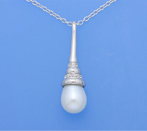 Sterling Silver Pendant with 10-10.5mm Drop Shape Freshwater Pearl and Cubic Zirconia