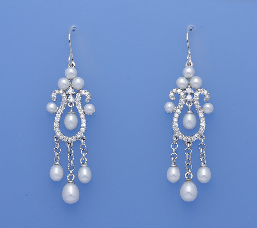 Sterling Silver Earrings with Drop and Button Shape Freshwater Pearl and Cubic Zirconia - Wing Wo Hing Jewelry Group - Pearl Jewelry Manufacturer