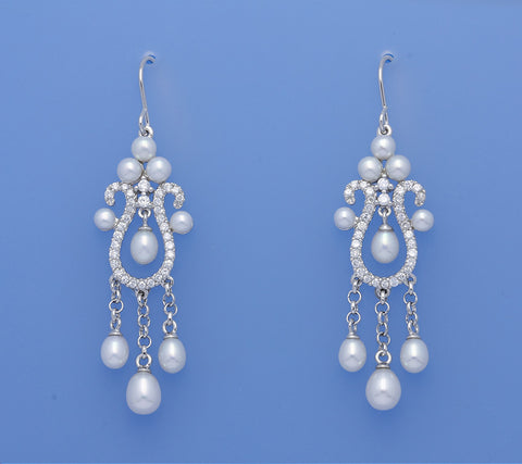 Sterling Silver Earrings with Drop and Button Shape Freshwater Pearl and Cubic Zirconia