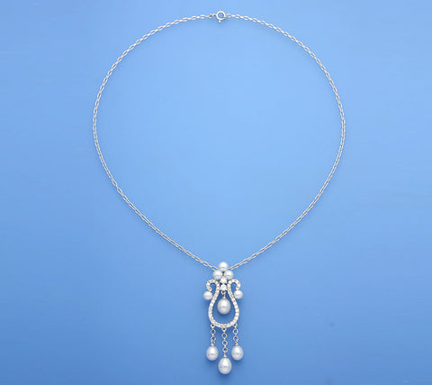 Sterling Silver Pendant with Button and Drop Shape Freshwater Pearl and Cubic Zirconia