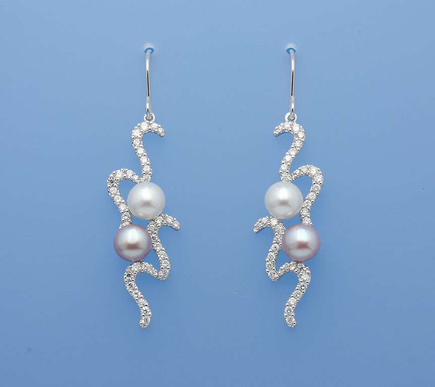 Sterling Silver Earrings with 6.5-7mm Button Shape Freshwater Pearl and Cubic Zirconia - Wing Wo Hing Jewelry Group - Pearl Jewelry Manufacturer