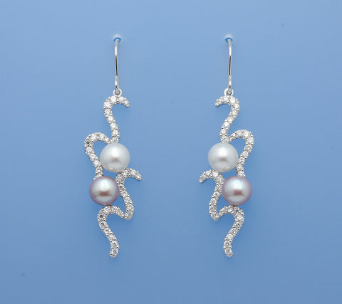 Sterling Silver Earrings with 6.5-7mm Button Shape Freshwater Pearl and Cubic Zirconia